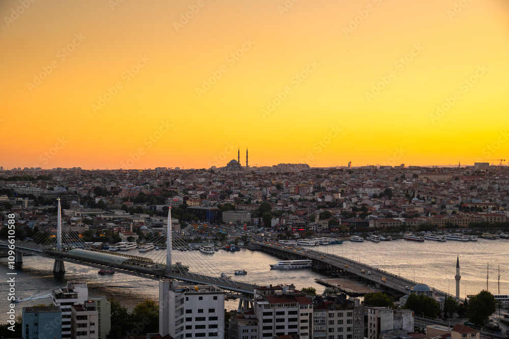 Istanbul city of sunset citycape is beautiful scenery of summer with lifestyle travel, tourism and vacation in Istanbul town buildings .Turkey.