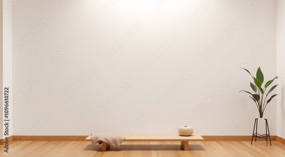 Minimalist interior design with wooden bench, plant, and white wall. Minimalist interior design with wooden bench, plant, and white wall.