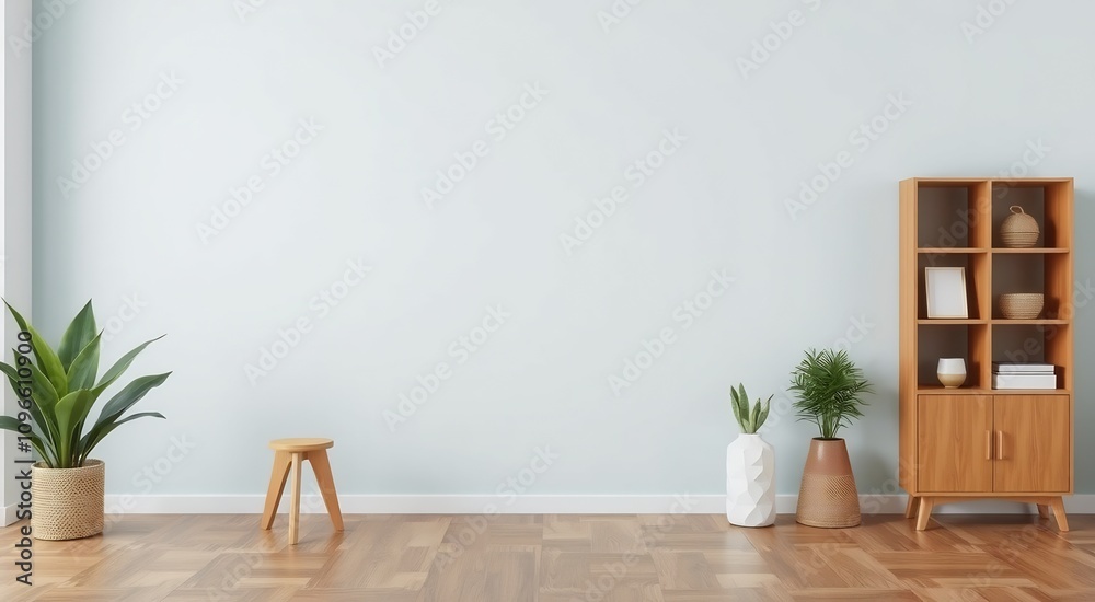 Empty room with light blue walls, wooden floor, a small stool, and an open bookcase. Empty room with light blue walls, wooden floor, a small stool, and an open bookcase.