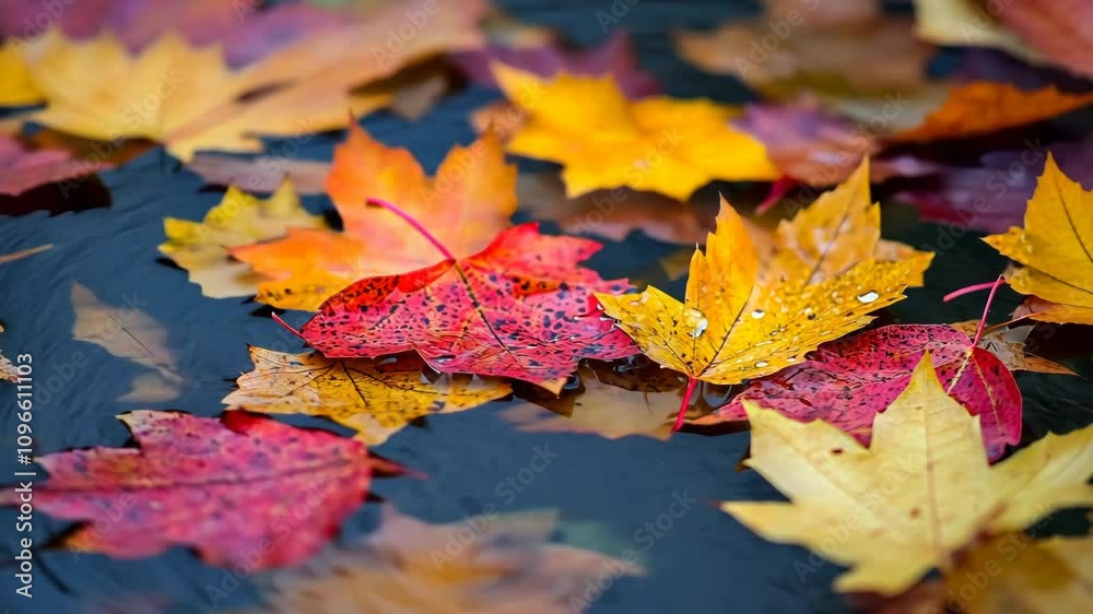 Colorful autumn leaves floating on calm water in a serene natural setting Colorful autumn leaves floating on calm water in a serene natural setting