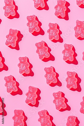 Colorful gummy bears arranged on a vibrant pink background.