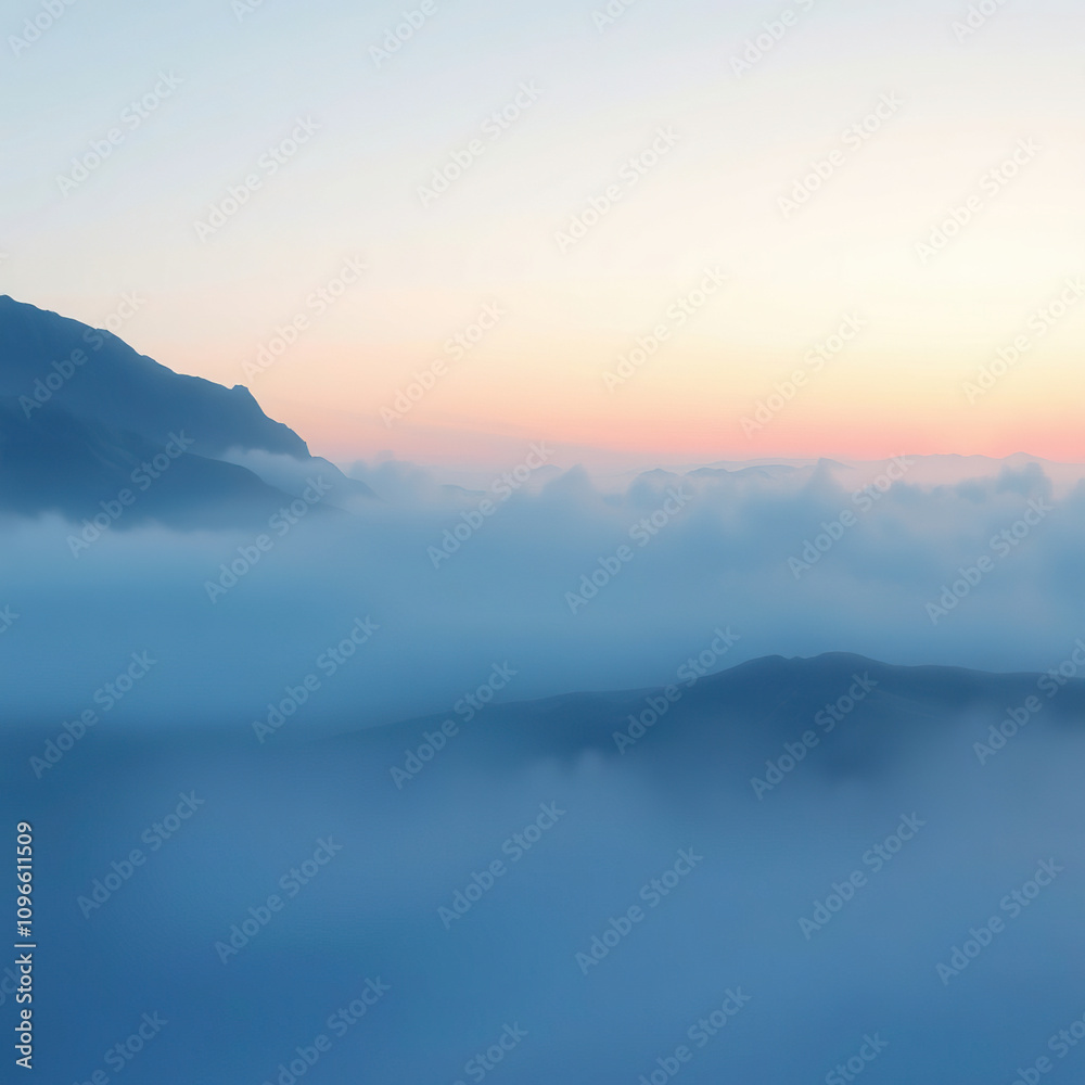 Mysterious blue mist over a serene landscape at dusk, serene background, misty dawn, vast space, calming scene, soothing colors