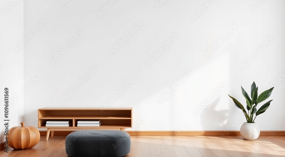 White wall with wooden floor and shelf with plant.