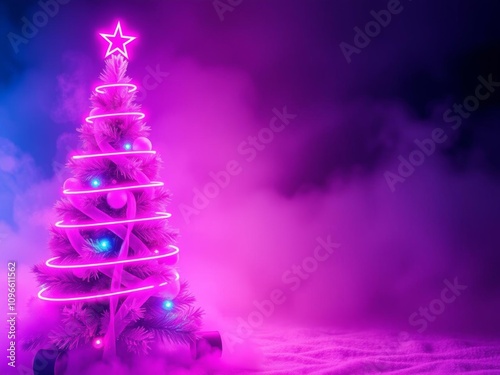 Vibrant hyper realistic neon pink blue Christmas tree with glowing rings and star on misty colorful background, cyber Monday xmas sale, festive holiday scene,  star,  isolated,  festive