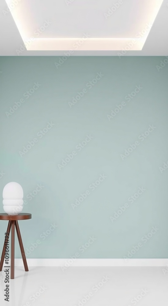 Minimalist room with light blue wall and wooden table with white lamp. Minimalist room with light blue wall and wooden table with white lamp.