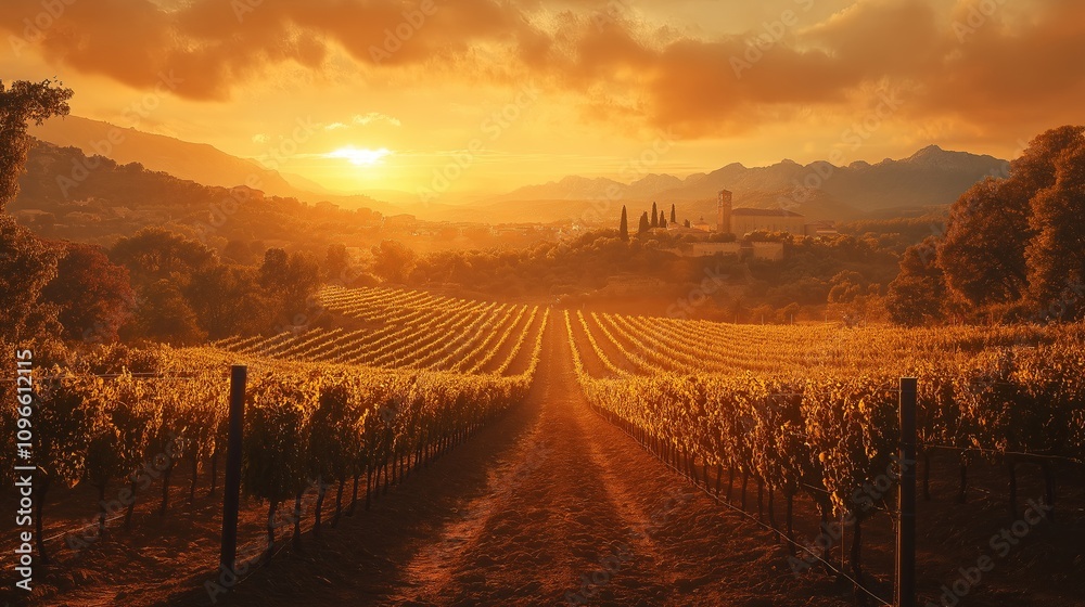 Obraz premium Vineyards under golden sunset sky with mountains and historical architecture backdrop