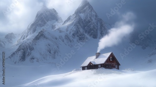 Cozy wooden cabin surrounded by snow-covered mountains in serene winter landscape