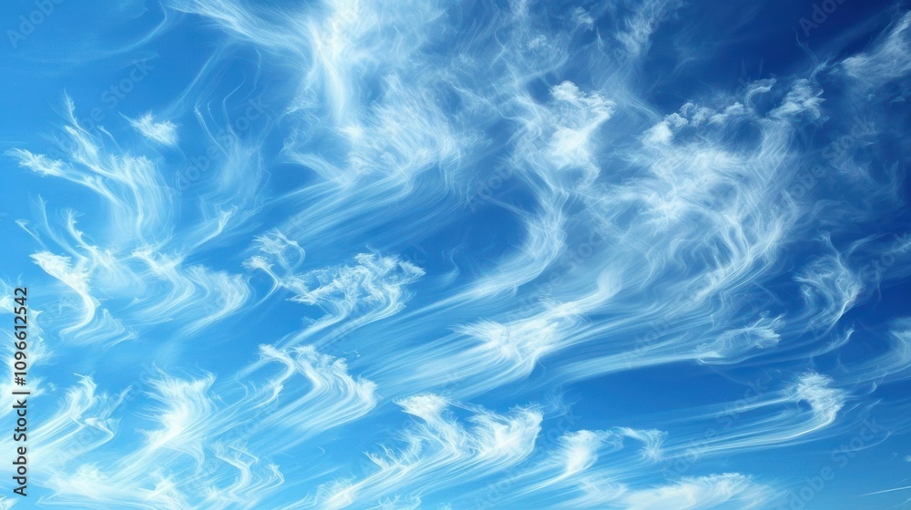 Fototapeta premium Blue sky with white wispy clouds, creating a soft and ethereal background.