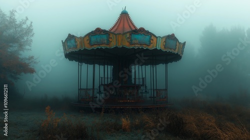 Abandoned vintage carousel shrouded in mist creates eerie nostalgic atmosphere