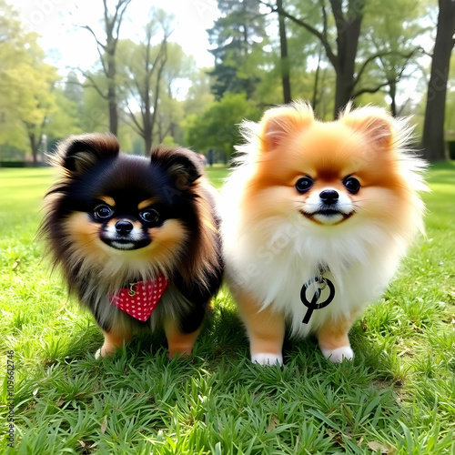 Cute pomeranian dogs at the park