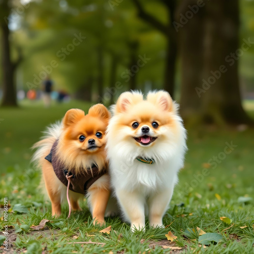 Cute pomeranian dogs at the park