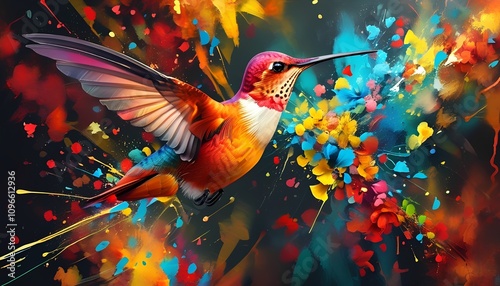 A vibrant hummingbird soars through a kaleidoscope of colors, its wings outstretched and feathers shimmering. The dynamic composition and bold use of color create a sense of energy and movement. This  photo