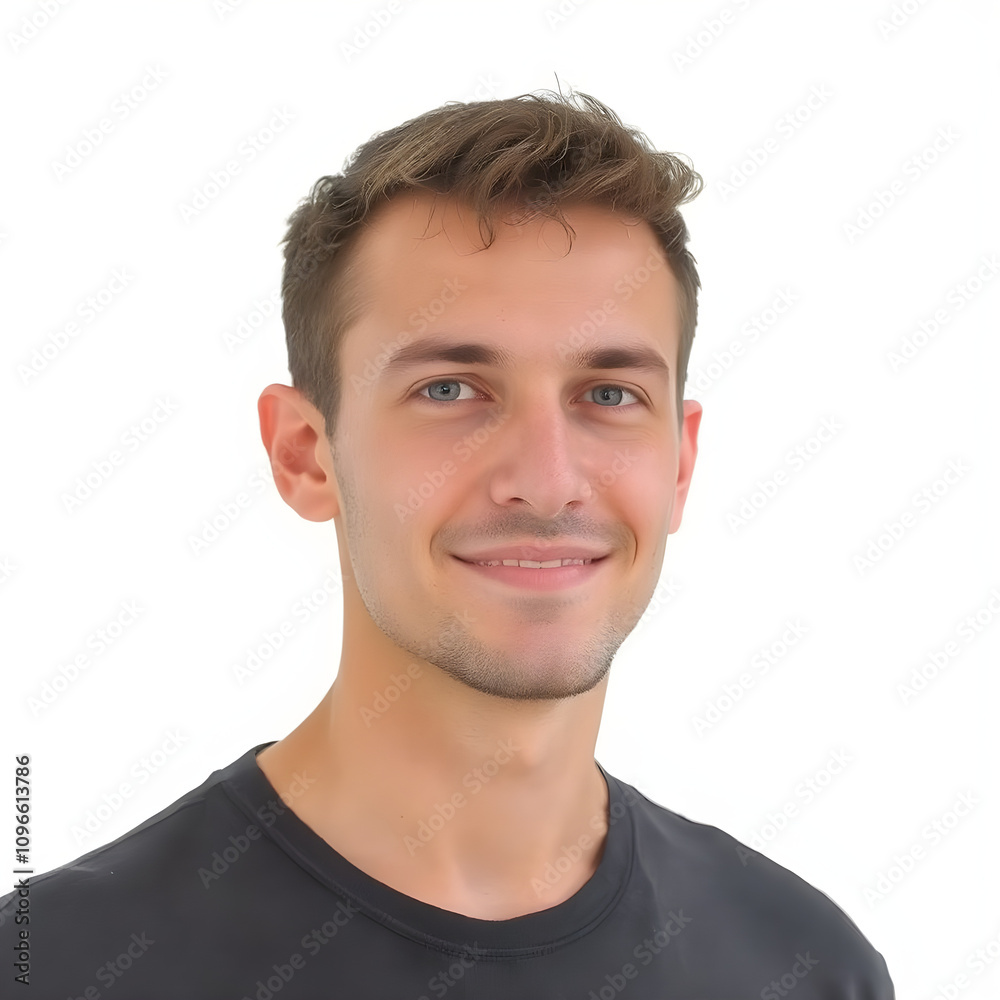 Style Photo: A young man between the ages of 20 and 30. He stands slightly to the side and looks directly into the eyes. He smiles. The head must not be cut. He is wearing a dark-colored T-shirt. He i Style Photo: A young man between the ages of 20 and 30. He stands slightly to the side and looks directly into the eyes. He smiles. The head must not be cut. He is wearing a dark-colored T-shirt. He i