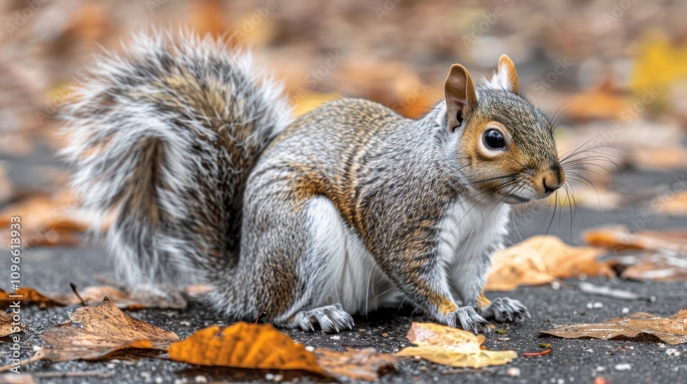 A gray squirrel with a bushy tail sits on a path covered in fallen leaves, looking to the side. A gray squirrel with a bushy tail sits on a path covered in fallen leaves, looking to the side.