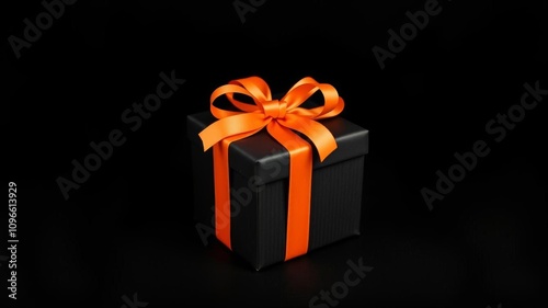 Black gift box with orange ribbon and bow on isolated black background, Halloween template backdrop minimalism,  ribbon,  isolated, gift box