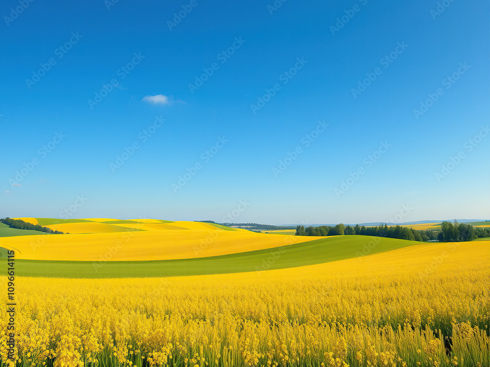 Panoramic view of picturesque fields in spring with yellow and green hues, blooms, floral Panoramic view of picturesque fields in spring with yellow and green hues, blooms, floral