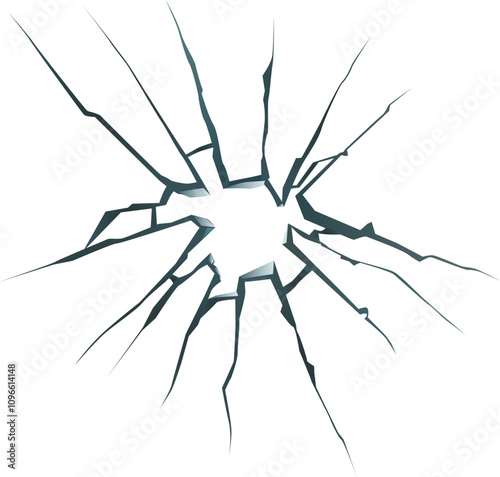 Sharp cracks radiating outwards from a hole in a broken pane of glass creating a dramatic, dangerous image of damage and destruction on white background