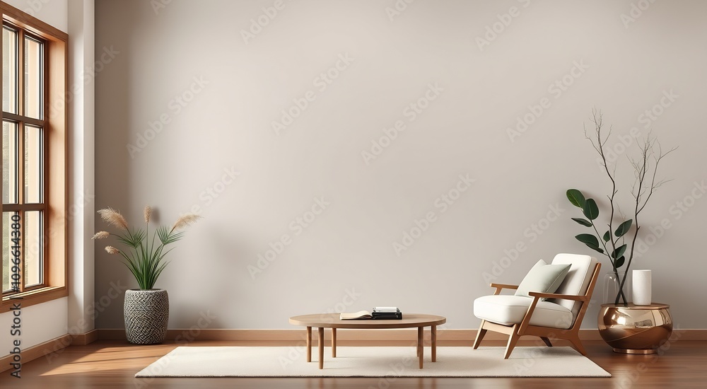 Minimalist living room with wooden coffee table, armchair, and rug on hardwood floor.