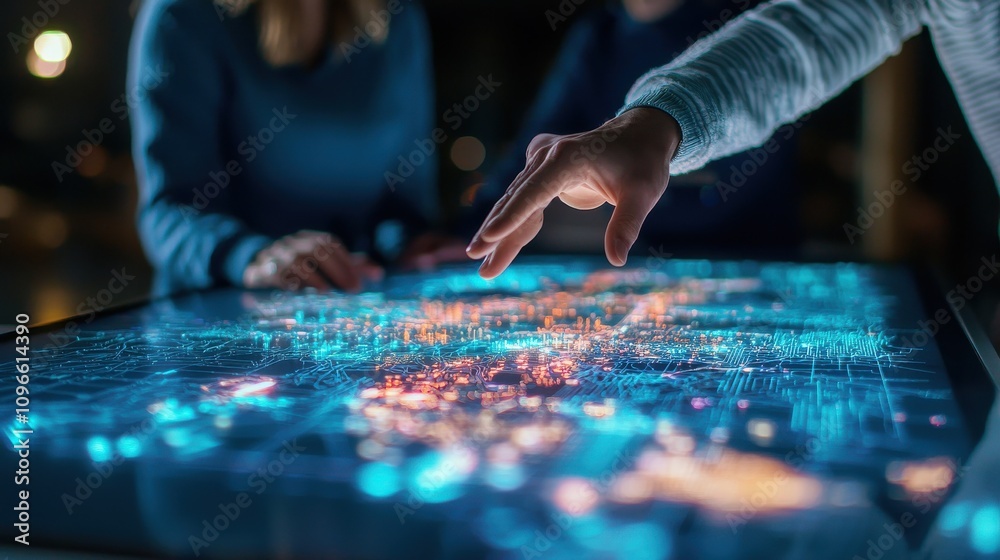 Interactive ai technology showcase modern office space digital presentation nighttime environment engaging viewpoint innovation concept Interactive ai technology showcase modern office space digital presentation nighttime environment engaging viewpoint innovation concept