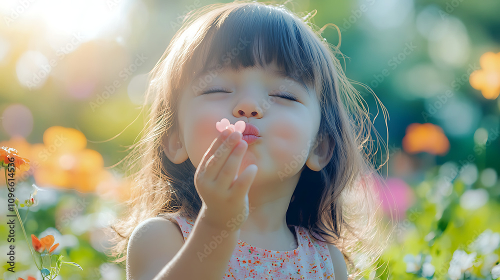 Adorable Child Blowing a Kiss Outdoors in Soft Sunlight Adorable Child Blowing a Kiss Outdoors in Soft Sunlight