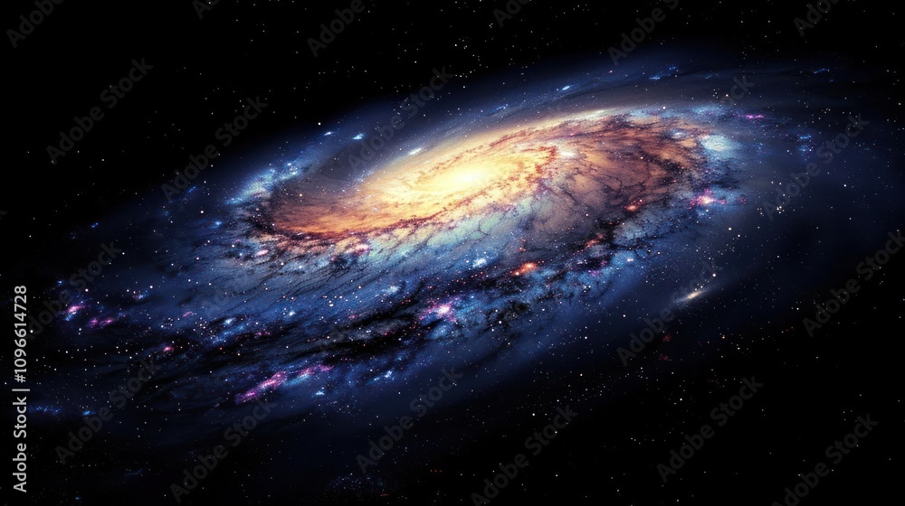 Fototapeta premium A vibrant, swirling spiral galaxy with bright, glowing stars and a dark, starry background.