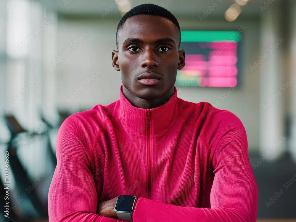 Fitness motivation young man in pink sportswear at gym capturing ai-driven wellness journey in modern environment Fitness motivation young man in pink sportswear at gym capturing ai-driven wellness journey in modern environment