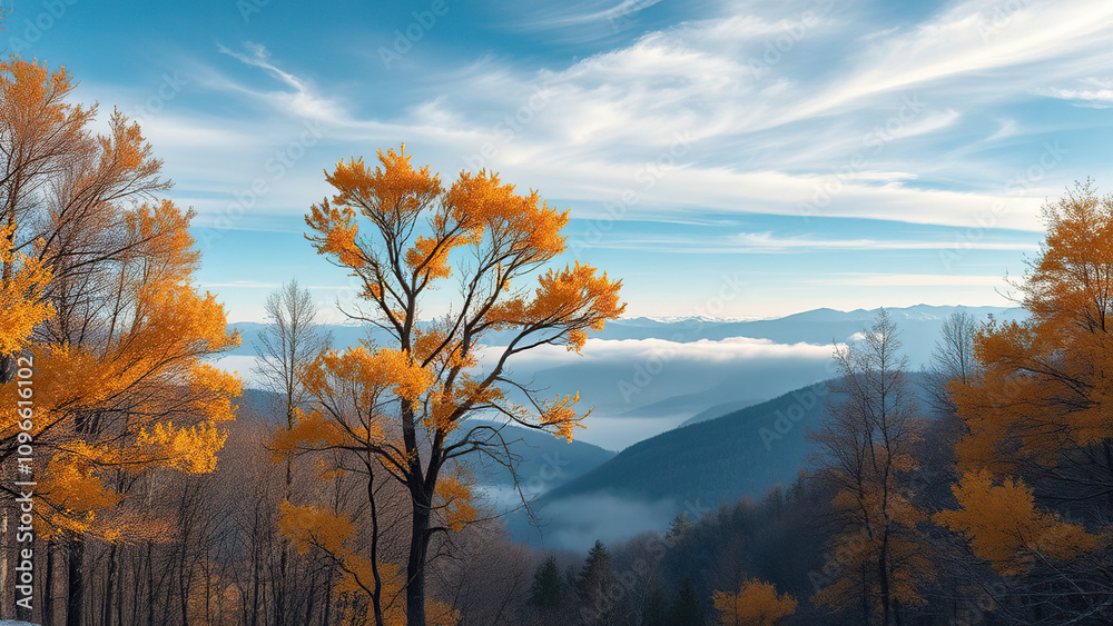 Fototapeta premium Scenic view of forest with vibrant yellow leaves in December, scenic, outdoors, seasonal