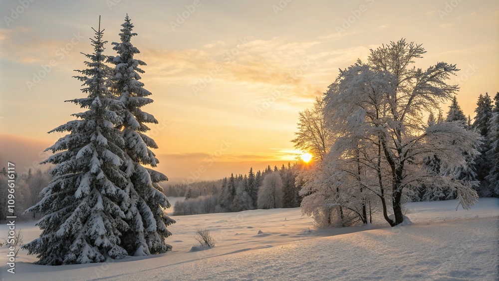 The snow-covered trees stand in stark contrast to the warm golden light of the setting sun, snowy forest, soft sunset, snowflakes, frosty woodlands, cold climate The snow-covered trees stand in stark contrast to the warm golden light of the setting sun, snowy forest, soft sunset, snowflakes, frosty woodlands, cold climate