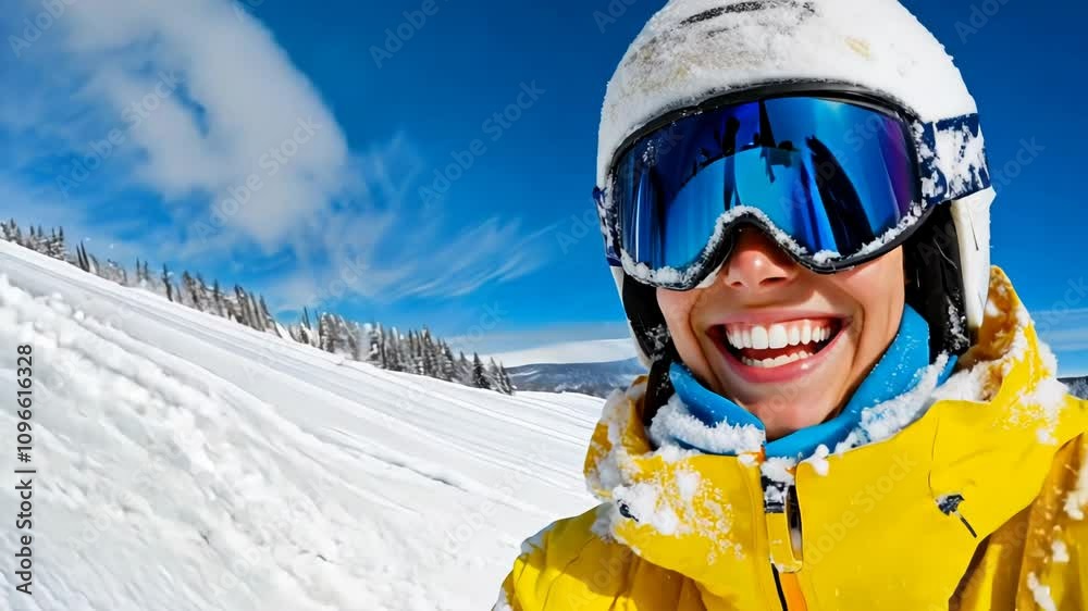Snow-dusted skier's face, smiling with excitement and fun Snow-dusted skier's face, smiling with excitement and fun