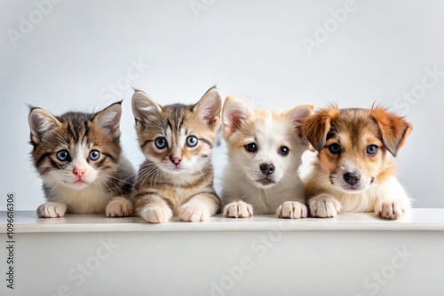 Wallpaper Mural Adorable Kittens and Puppies Peeking Out on a White Table with Playful Expressions, Capturing the Innocence of Young Pets in a Charming Setting Torontodigital.ca