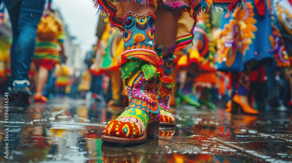 Colorful boots at a vibrant street parade. Colorful boots at a vibrant street parade.