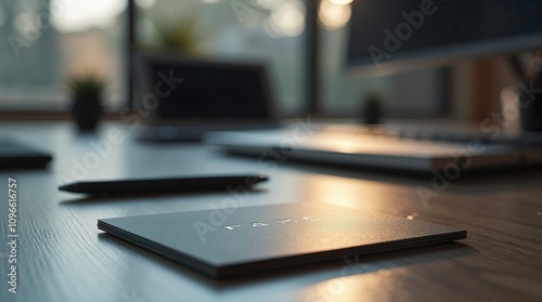 Ultra-realistic close-up of a polished business card with sharp edges and a textured surface, illuminated by soft lighting. The background is a blurred modern office desk with a laptop and minimalisti photo