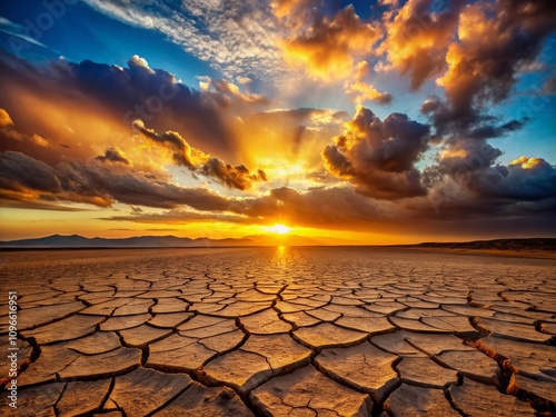 Dramatic Sunset Over Cracked Desert Earth with Colorful Clouds and Striking Light Effects, Emphasizing the Beauty of Nature and Drought Conditions