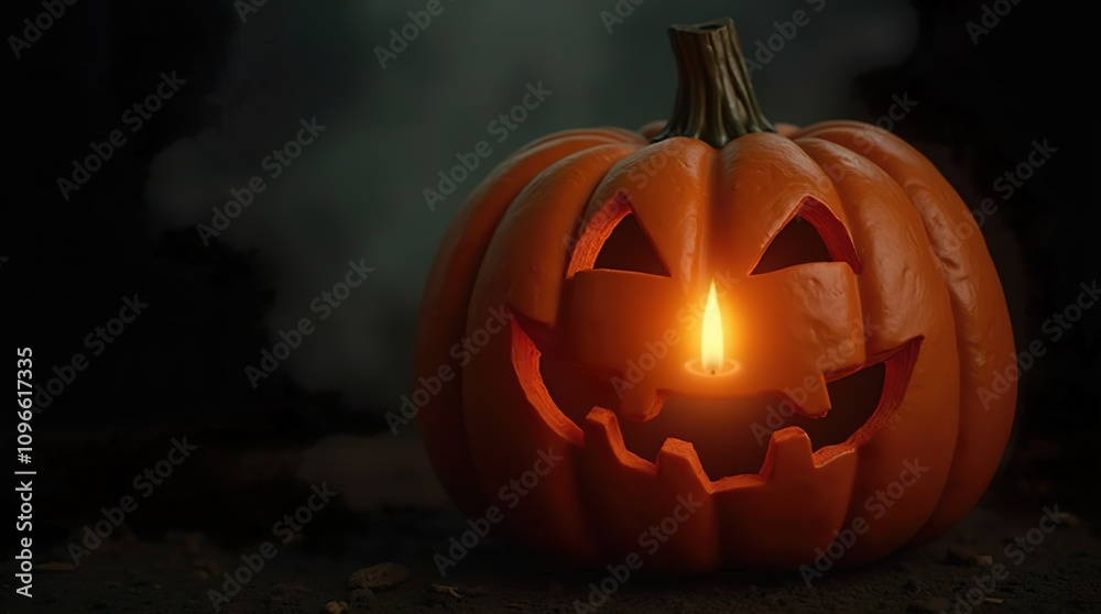 Obraz premium Highly realistic close-up of a carved pumpkin with glowing, flickering candlelight inside. The skin of the pumpkin is textured with visible wrinkles and the faint reflection of the flame. 