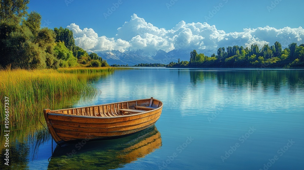 Obraz premium Serene Mountain Lake with Wooden Rowboat