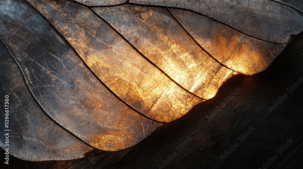 Textured metallic leaves glowing warm light