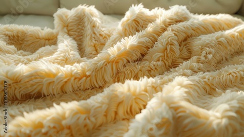 Close-up of soft, fluffy, cream-colored blanket fabric.