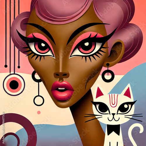 A stylized portrait of a woman with a unique, bold aesthetic and cat