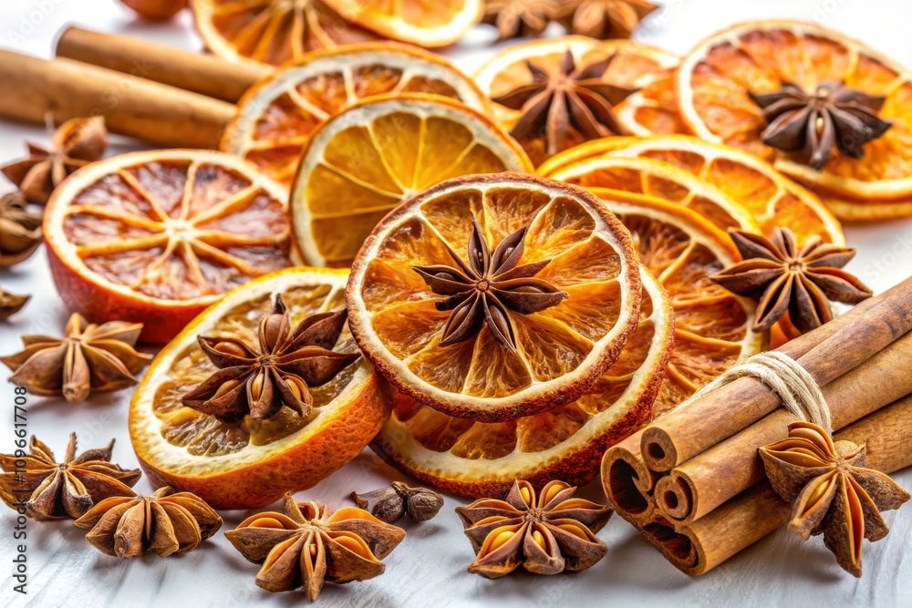 Rustic Composition of Dried Oranges and Spices with Anise Stars and Cinnamon Sticks for Unique Culinary Decorations and Aromatic Displays Rustic Composition of Dried Oranges and Spices with Anise Stars and Cinnamon Sticks for Unique Culinary Decorations and Aromatic Displays