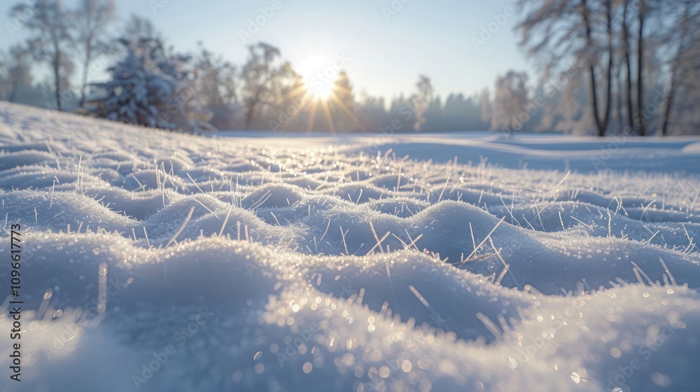 Close-up of a snow-covered field with the sun shining through the trees in the background. Close-up of a snow-covered field with the sun shining through the trees in the background.