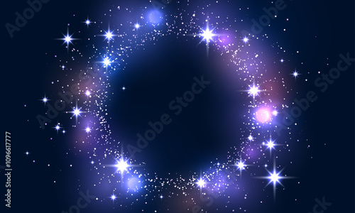 Scattered blue-pink neon particles on a dark background.Festive background or design element. Bright particles with bokeh effect, Christmas background with magical glitter. Concept: Christmas, party