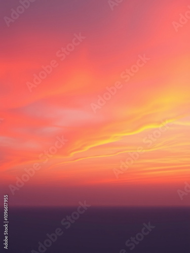 Softly glowing sunset sky with warm orange hues transitioning into deep purple shades, sunset atmosphere, soft focus, dreamy sky, serene landscape