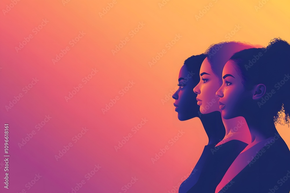 Naklejka premium Abstract Silhouette Profiles of Women in Vibrant Gradient with Flowing Lines and Warm Colors