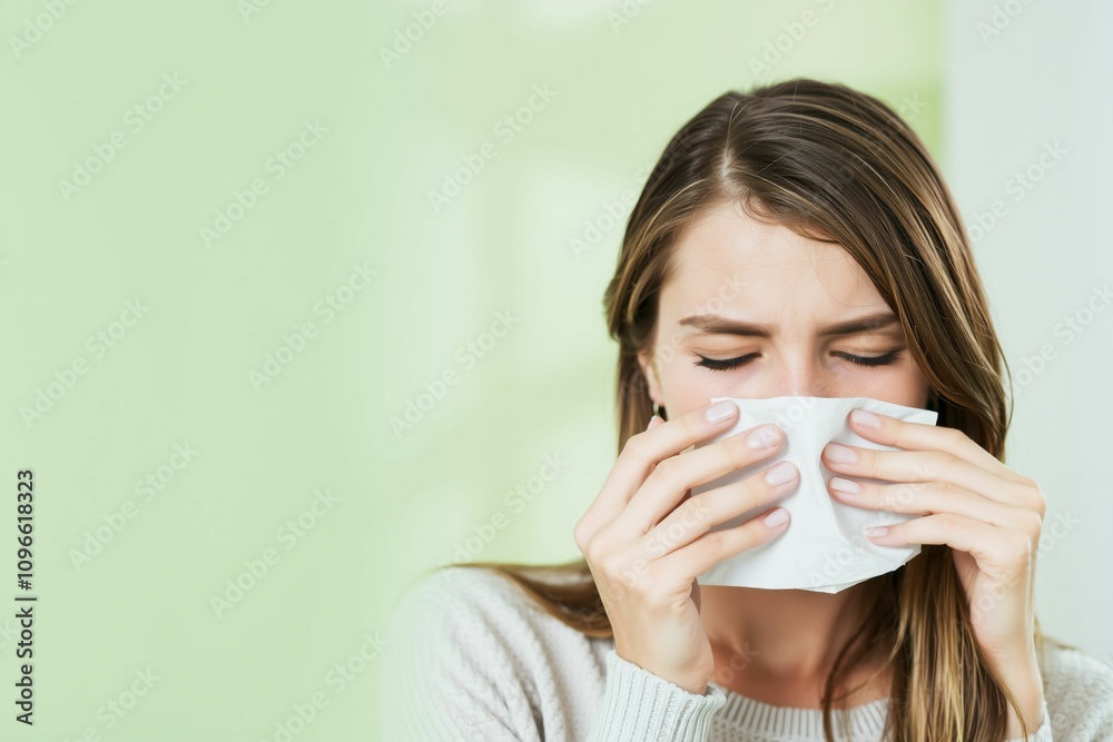 Woman Sneezing into Tissue with Blurred Green Background.generative AI
Woman Sneezing into Tissue with Blurred Green Background.generative AI
