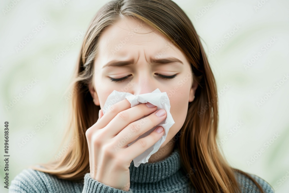 Woman Sneezing into Tissue with Blurred Green Background.generative AI
Woman Sneezing into Tissue with Blurred Green Background.generative AI