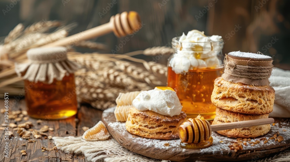 A rustic wooden table setting with honey, cream, and scones. A rustic wooden table setting with honey, cream, and scones.