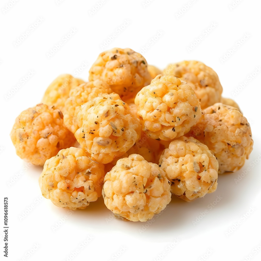 Crispy Cheese Puffs Savory Snacks, Round Balls, Tasty Treat isolated on white background