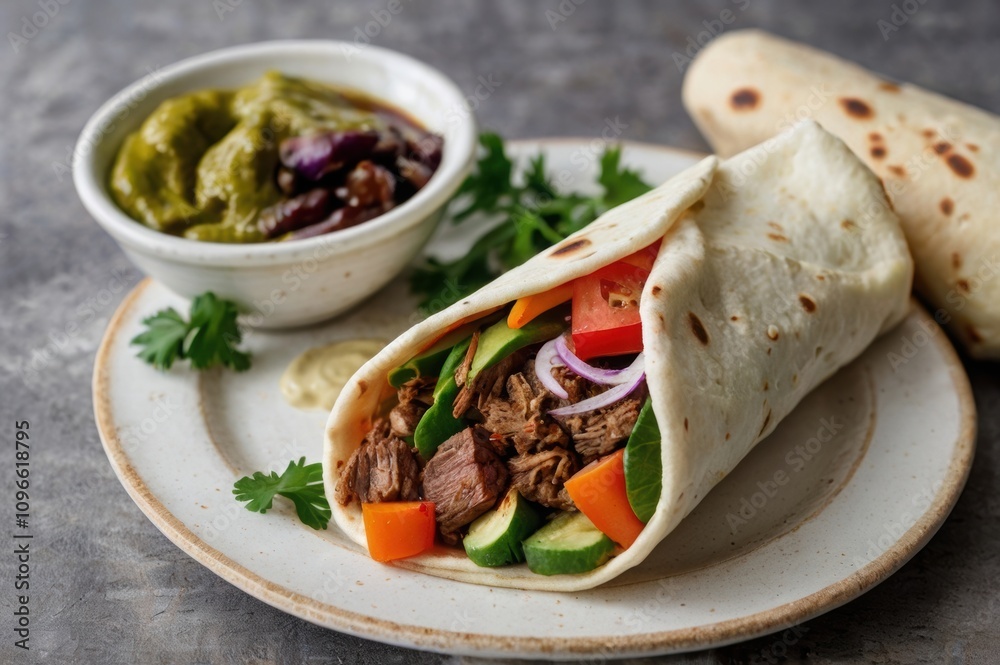 Fresh shawarma wraps with spiced meat, fresh veggies, and garlic sauce in soft pita. Fresh shawarma wraps with spiced meat, fresh veggies, and garlic sauce in soft pita.