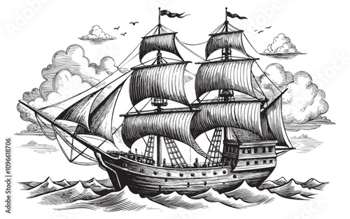 pirate ship in the sea sketch drawing hand drawn vector illustration