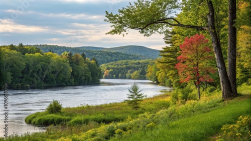 Trees and foliage along the banks of Connecticut River in Woodsville NH, riverbank vegetation, tree branches nature scenery river woodsville new hampshire